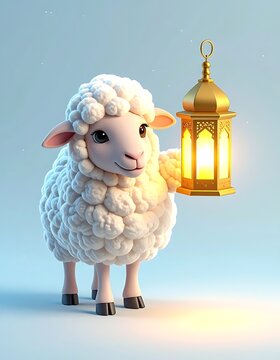 Cartoon sheep holds a golden lantern, set against a soft blue background. Soft shadows and light add depth
