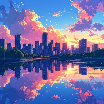 Cartoon skyline silhouetted against a colorful sky, reflected in water