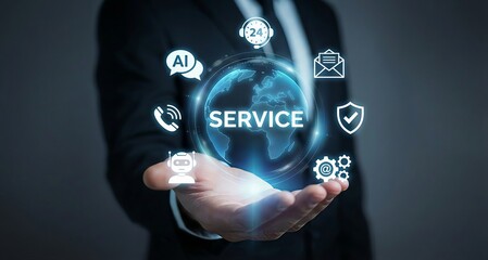 Business professional holding global service holographic interface in palm: smart service scene for customer support, omnichannel service, global business designs