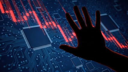 Silhouette of a hand stopping a digital security breach or cyber attack on a glowing blue circuit board with red downward trend lines, concept of data protection and cybersecurity threat prevention