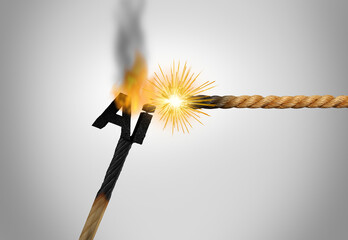 A burning match shaped like an AI icon symbolizes the explosive risks ethical challenges and disruptive force of artificial intelligence triggering rapid societal and technological change.