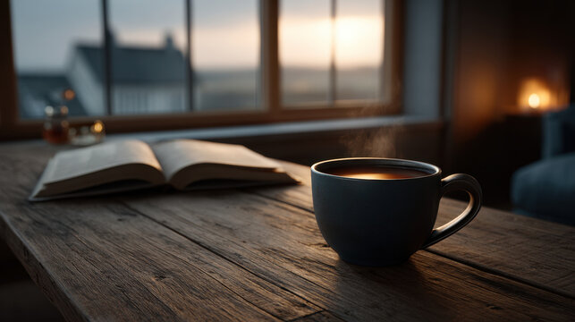 Warm coffee cup morning book open on wooden table by window at sunrise with cozy steam and soft candlelight - Powered by Adobe