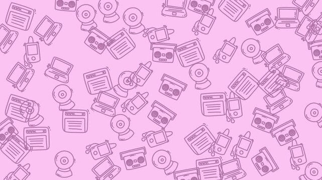 Pink background scattered with cartoon tech devices perfect for tech and electronic industry presentations, banners, and social media posts.
