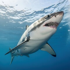Naklejka premium Majestic great white shark surfaces from deep blue ocean waters underwater photography