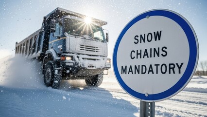 Heavy duty dump truck driving in snow with snow chains mandatory sign in foreground