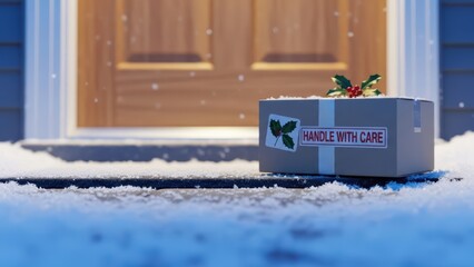 Christmas holiday gift package delivery box with handle with care label sitting on snowy doorstep in front of wooden door, isolated on white