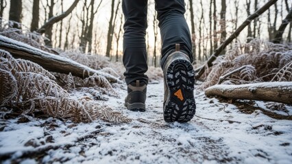 Closeup of hiking boots walking on snowy forest trail with frosty vegetation and bare trees in winter