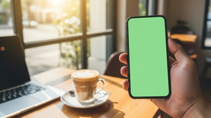 Hand holding smartphone with green screen mockup in modern cafe setting with laptop and coffee, bright natural light