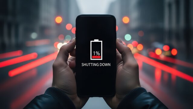 Person holding smartphone with 1% battery life, shutting down, against a blurred city street background with light trails