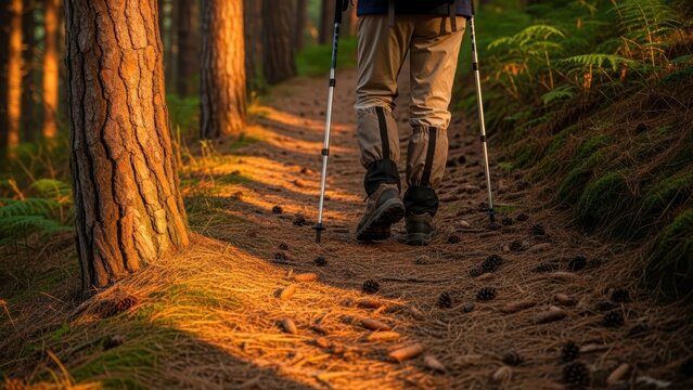 Person hiking with trekking poles on a forest path bathed in warm, golden sunlight near a large tree trunk - Powered by Adobe