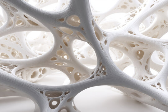 Detailed abstract medical background of porous bone structure, stylized white anatomical form with interconnecting trabeculae and light.