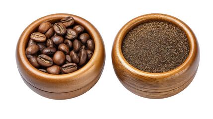 Fototapeta premium High-Quality Coffee Beans and Ground Coffee in Wooden Bowls for Aromatic Beverage Preparation