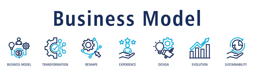 Business Model banner with business model, transformation, reshape, experience, design, evolution, and sustainability icons to illustrate strong structural business design.