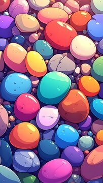 Cartoon style a colorful collection of smooth, rounded pebbles, filling the image in an abstract pattern