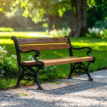Empty park bench in a serene outdoor setting with lush green grass and trees under soft sunlight.
