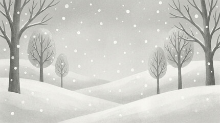 モノクロトーンの雪が降る冬の森と丘のイラスト背景