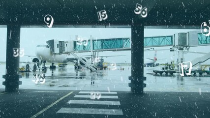 Animated numeric overlay appearing and sleet starting as ground crew moving to service jet