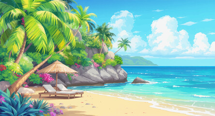 Tropical beach resort with sunbeds and palm trees. Luxury island shore with umbrella and crystal blue sea. Bright tropical beach with relaxing vacation setup