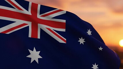 A blue flag with a prominent constellation of stars and a canton featuring red and white crosses set against a warm glowing sky