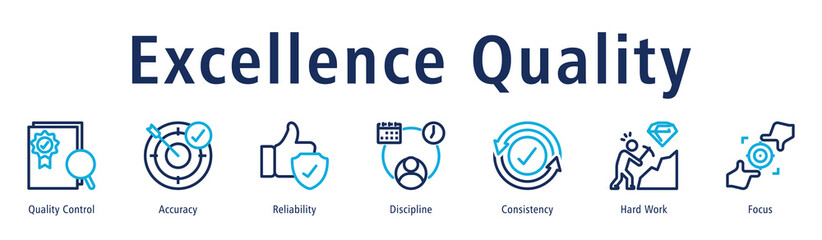 Excellence quality icon vector symbol representing accuracy, quality control, reliability, consistency, and continuous improvement.