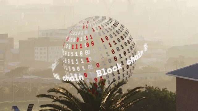 Transparent 3D sphere appearing left rotating clockwise above palm tree visualizing blockchain flow