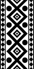 A seamless geometric pattern featuring circles, diamonds, squares, and lozenges arranged in horizontal and vertical bands on a clean white background, inspired by native tribal textile motifs