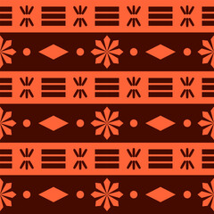 A seamless tribal pattern in warm orange-brown tones, featuring diverse geometric shapes such as circles, florals, bursts, squares, diamonds, lines, and torch-like motifs inspired by Native-style
