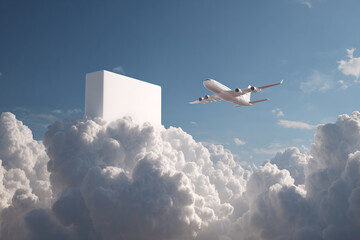 White box floating above vast cumulus clouds with a passenger plane flying nearby, representing international logistics or delivery service.