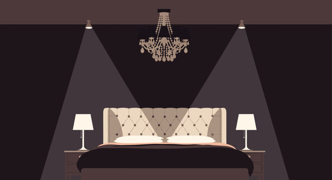 A luxurious modern bedroom interior with a tufted headboard, bedside lamps, and a chandelier, creating a sophisticated ambiance.