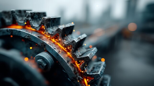 Industrial Energy: Close-up of metal gear rotation with intense sparking, symbolizing mechanical power, technological efficiency, and high-heat productivity.