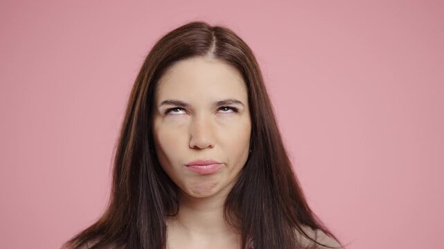 Bored Upset Woman Sighs, Rolling Eyes Pink. Offended Lady, Come On, displeasure