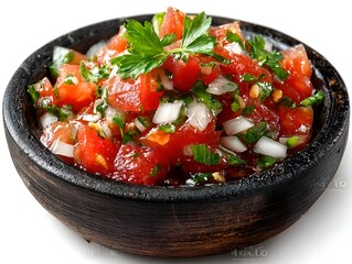 A close up shows fresh tomato salsa with onion and parsley in a rustic wooden bowl, presenting vibrant colors and texture appeal perfectly.