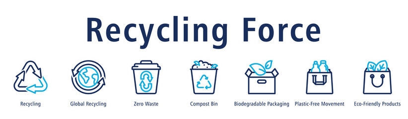 Recycling Force web banner icon vector illustration with icons of Recycling, Global Recycling, Zero Waste, Compost Bin, Biodegradable Packaging, Plastic-Free Movement, and Eco-Friendly Products.