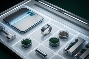 Futuristic biohacking setup with smart scale fitness tracker and superfood supplements on white grid
