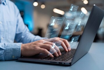 Recruiter searching digital resumes on laptop with holographic candidate profiles