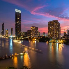 Obraz premium Bangkok cityscape view at dusk with a river and tall buildings lit up at sunset
