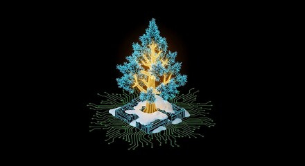 Futuristic Digital Evergreen Tree Rooted in a Glowing Circuit Board with Snow Patches