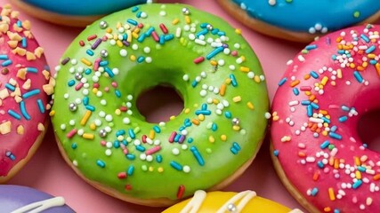 Colorful donuts with sprinkles on a vibrant pink background. - Powered by Adobe