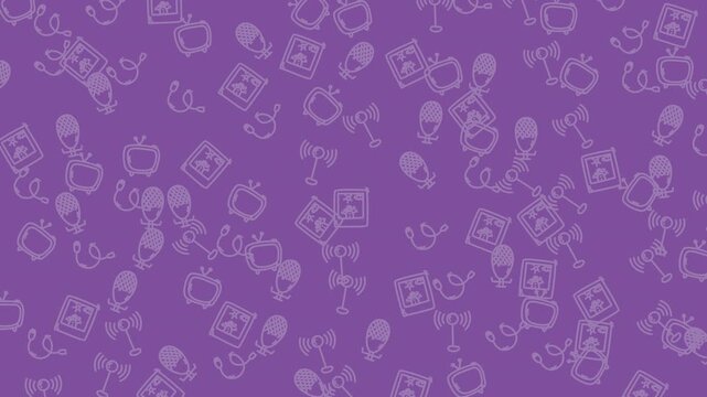 Repeating pattern of tvs, lamps, apples on purple background. Ideal for technology, home decor, retro design, and freelance projects.