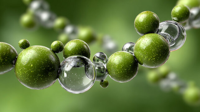 Green and transparent spheres connected in molecular structure on blurred green background. conveys sense of scientific exploration