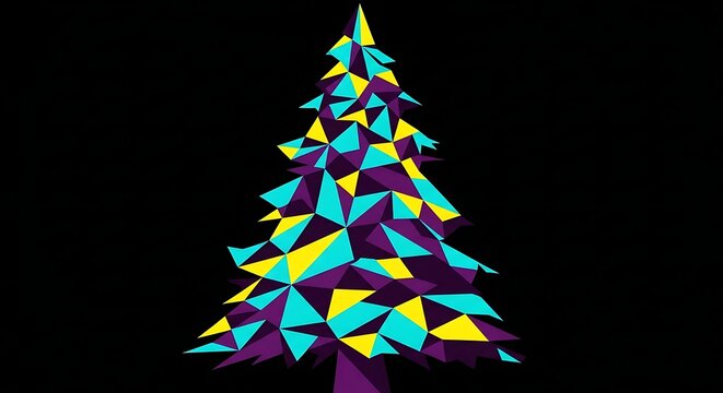 Vibrant Geometric Christmas Tree Illustration with Modern Low Poly Triangles on Black - Powered by Adobe