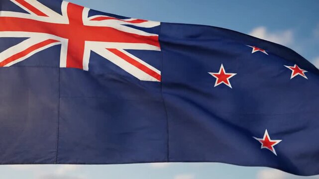 A blue flag with red and white crosses in the upper left corner and four red stars with white outlines on the right side fluttering against a bright blue sky