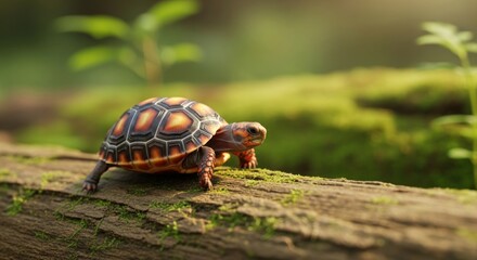 Obraz premium A vibrant, small turtle with an orange and brown shell on a moss-covered log