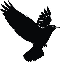 Fototapeta premium Flying Bird Black Silhouette Vector Graphic, Raven or Crow Winged Animal in Flight Stance, Freedom and Nature Concept Design Element for Logo, Sticker, and Decal Projects, Isolated on White