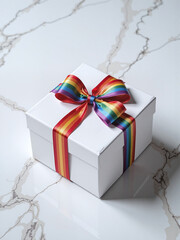 Square gift box wrapped with rainbow ribbon, placed on a white marble table,The rainbow-wrapped gift embodies generosity and the spirit of love.
