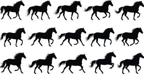 Galloping horse animation sprite sheet vector silhouette set, showing various running and trotting motions for game design, cartoon, or sports project visual assets.