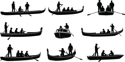Gondola and Boat Silhouette Collection, Gondolier Rowing Tourists on Water, Transportation, River Travel, and Venice Icon Set, Isolated Vector Design © SreeRupali