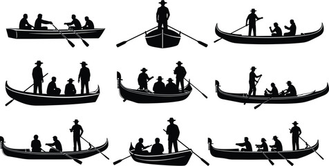 Gondola and Rowing Boat Silhouette Collection, Gondolier Punting Tourists on Water, Transportation, River Travel, and Venice Icon Set, Isolated Vector Design © SreeRupali