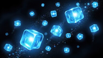 Blue, glowing cubes float in a starry void, creating a futuristic, ethereal scene