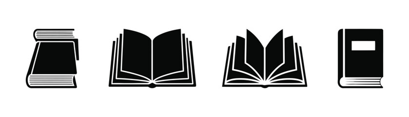 Diverse set of black and white book icons for educational and literary design projects